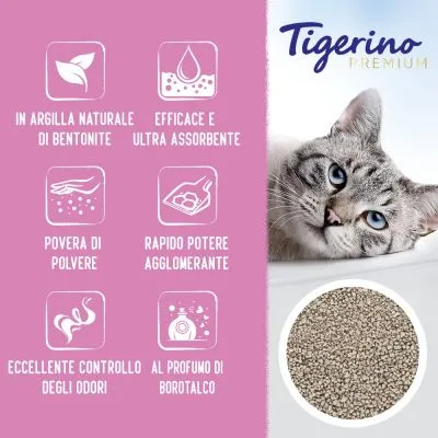 Tigerino Premium. In argilla naturale di bentonite, efficace e ultra assorbente, povera di polvere, rapido potere agglomerante, eccellente controllo degli odori, al profumo di borotalco.