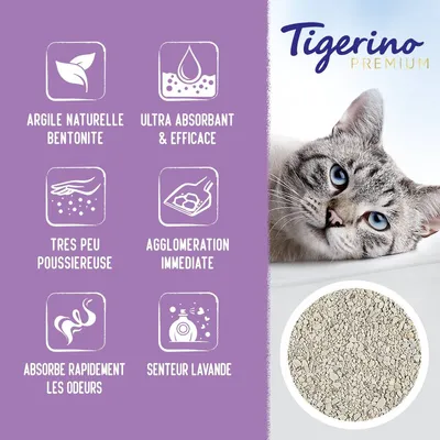 Tigerino Premium. Argile naturelle bentonite, ultra absorbant & efficace, très peu poussiéreuse, agglomération immédiate, absorbe rapidement les odeurs, senteur lavande.