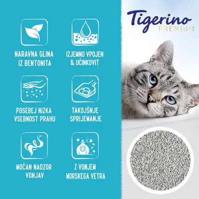 Tigerino Premium. Naravna glina iz bentonita, izjemno vpojen in učinkovit, posebej nizka vsebnost prahu, takojšnje sprijemanje, močan nadzor vonjav, z vonjem morskega vetra.