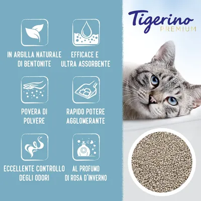 Tigerino Premium lettiera per gatti: in argilla naturale di bentonite, efficace e ultra assorbente, povera di polvere, rapido potere agglomerante, eccellente controllo odori, profumo rosa d’inverno.