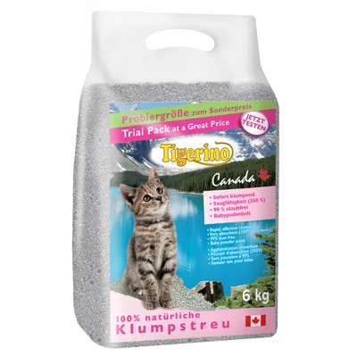 Arena aglomerante para gatos Tigerino Canada, 100 % natural, aroma a talco de bebé, absorción 350 %, libre de polvo 99 %, paquete de prueba 6 kg. Texto en alemán e inglés.