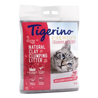 Tigerino Premium Summer Edition, naturalny żwirek zbrylający z gliny, zapach kwiatu wiśni, 12 kg. Widoczne ikony: szybkie zbrylanie, niska pylistość, kontrola zapachu, wysoka chłonność.