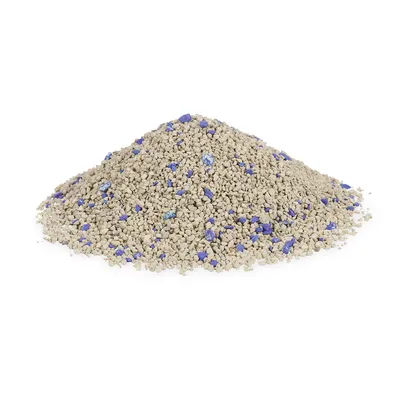 Pile of beige cat litter with blue granule pieces, suitable for describing litter properties.