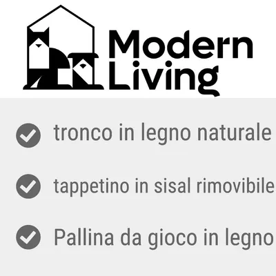 Modern Living. tronco in legno naturale, tappetino in sisal rimovibile, pallina da gioco in legno.