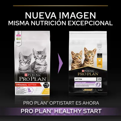 Cambio de imagen en el envase de Purina Pro Plan para gatitos: antes 'Original Kitten Optistart', ahora 'Kitten Healthy Start'. Misma nutrición excepcional. Texto en inglés y español visible.