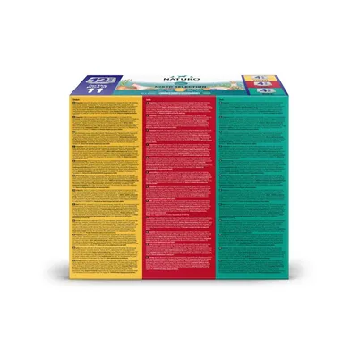 Product packaging showing detailed ingredient and feeding information in three coloured sections: yellow, red, and teal. Text is too small to read specific details.