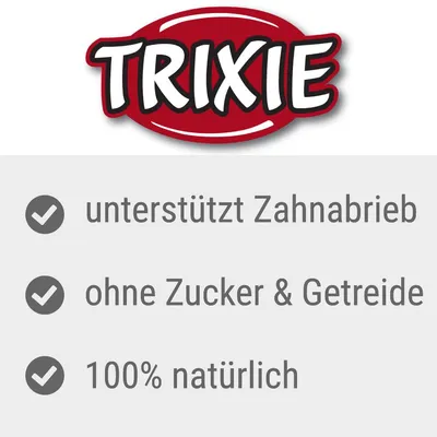 TRIXIE. unterstützt Zahnabrieb, ohne Zucker & Getreide, 100% natürlich. Texto en alemán.