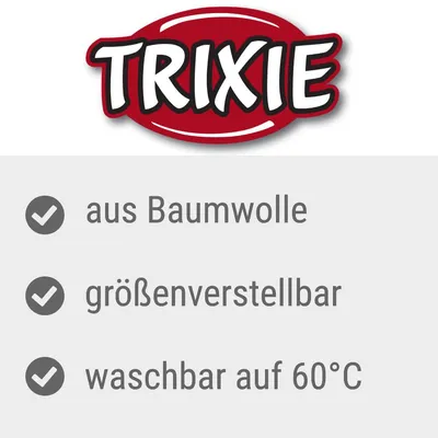 TRIXIE, aus Baumwolle, größenverstellbar, waschbar auf 60°C. Text v němčině.