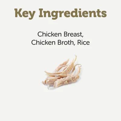 Key ingredients listed: chicken breast, chicken broth, rice. Image shows shredded chicken pieces.