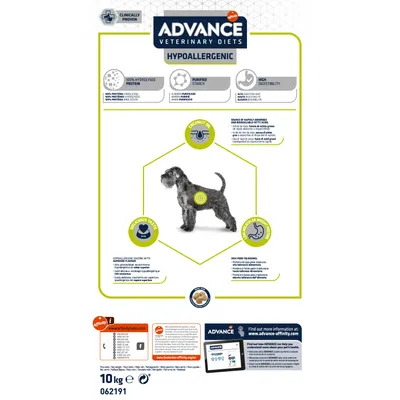 Advance Veterinary Diets Hypoallergenic за кучета, 10 кг. Видими текстове: 100% hydrolysed protein, purified starch, high digestibility, delicious taste, coconut oil, high food tolerance.