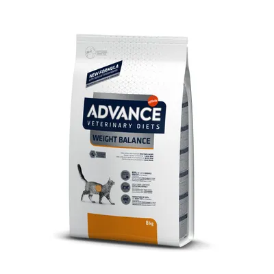Advance Veterinary Diets Weight Balance kattefoder, 8 kg pose. Tekst: New Formula with Natural Antioxidants. Billede af kat og piktogrammer med vægt- og sundhedsikoner.