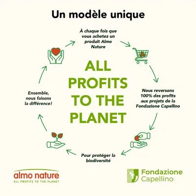 ALL PROFITS TO THE PLANET. À chaque achat Almo Nature, 100 % des profits reversés à la Fondazione Capellino pour protéger la biodiversité. Ensemble, nous faisons la différence.