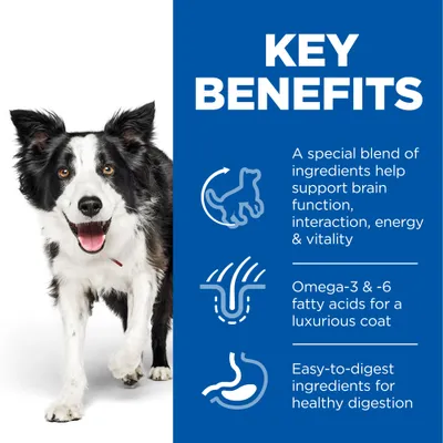 KEY BENEFITS: A special blend of ingredients help support brain function, interaction, energy & vitality. Omega-3 & -6 fatty acids for a luxurious coat. Easy-to-digest ingredients for healthy digestion. Text på engelska.