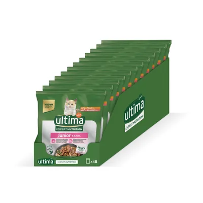 Ultima Expert Nutrition junior 1–12 maanden kattenvoer, mix van kip en zalm, verpakking met 48 portiezakjes. Zichtbare tekst: 'senza', 'nuovo', 'nuevo'.