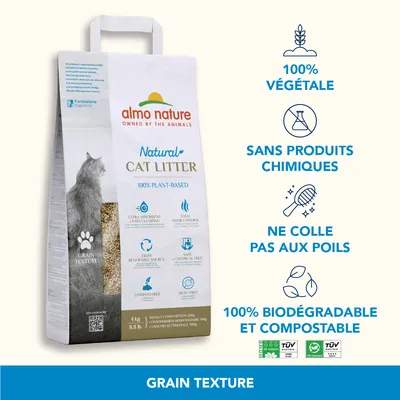 Sac de litière pour chat almo nature Natural Cat Litter 100 % végétale, sans produits chimiques, ne colle pas aux poils, 100 % biodégradable et compostable, grain texture, 4 kg