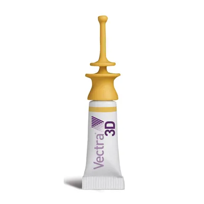 Pipet met opdruk 'Vectra 3D' en geel kunststof dop, productnaam duidelijk zichtbaar op witte verpakking.