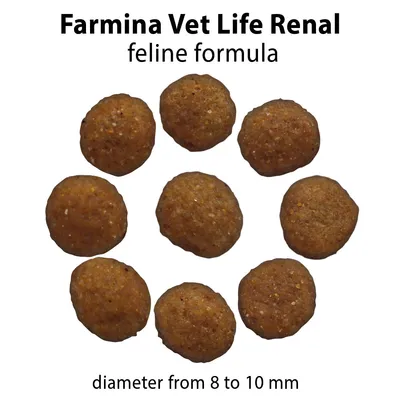 Farmina Vet Life Renal fórmula felina. Pienso seco con un diámetro de 8 a 10 mm.
