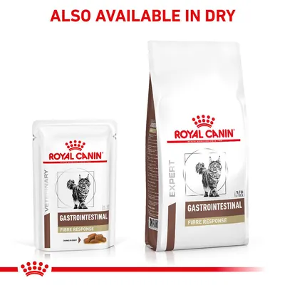 Royal Canin Gastrointestinal Fibre Response shown in wet and dry packaging. Text states: Also available in dry.