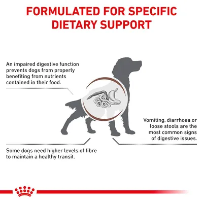 Formulated for specific dietary support. Digestive issues include impaired function, vomiting, diarrhoea, loose stools, and need for higher fibre to maintain healthy transit.