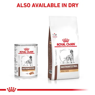 Royal Canin Gastrointestinal High Fibre shown in wet and dry forms. Text states: Also available in dry.