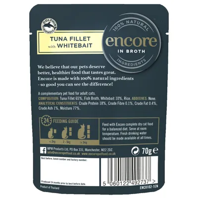 Опаковка Encore Tuna Fillet with Whitebait in Broth 70 г. Състав: рибно филе 65 %, бульон, бяла риба 10 %, ориз. Анализ: протеин 18 %, фибри 0,1 %, мазнини 0,4 %, пепел 1 %, влага 77 %.