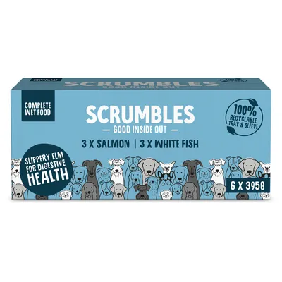 Complete wet food pack with 3 salmon and 3 white fish, contains slippery elm for digestive health, 100% recyclable tray and sleeve, total 6 x 395g.