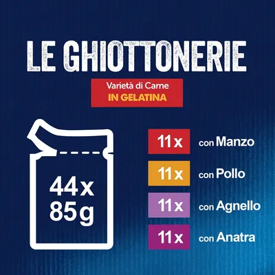 Le Ghiottonerie Varietà di Carne in Gelatina, 44 bustine da 85 g: 11 con manzo, 11 con pollo, 11 con agnello, 11 con anatra.