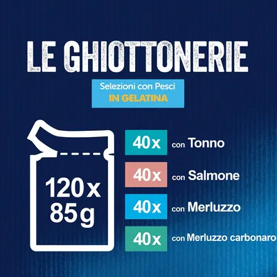 Le Ghiottonerie Selezioni con Pesci in Gelatina: 120 bustine da 85 g, 40x tonno, 40x salmone, 40x merluzzo, 40x merluzzo carbonaro. Testo visibile sull'immagine.