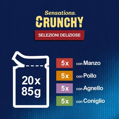 Sensations Crunchy Selezioni Deliziose, 20 bustine da 85 g: 5 con manzo, 5 con pollo, 5 con agnello, 5 con coniglio. Testo e quantità visibili sull'immagine.