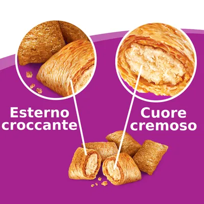 Immagine di snack con testo: Esterno croccante, Cuore cremoso. Mostra la struttura dello snack con dettagli su superficie e ripieno.