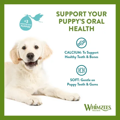 Product for puppies over 3 months supports oral health with calcium for healthy teeth and bones, and is soft to be gentle on puppy teeth and gums. Whimzees Wellness branding shown.