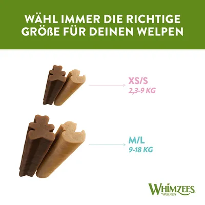 Wähle die richtige Grösse für deinen Welpen: XS/S für 2,3-9 kg, M/L für 9-18 kg. Whimzees Wellness.