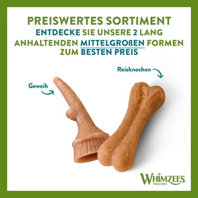 Texte en allemand : PREISWERTES SORTIMENT, ENTDECKE SIE UNSERE 2 LANG ANHALTENDEN MITTELGROSSEN FORMEN ZUM BESTEN PREIS. Whimzees. Deux friandises formes Geweih et Reisknochen.