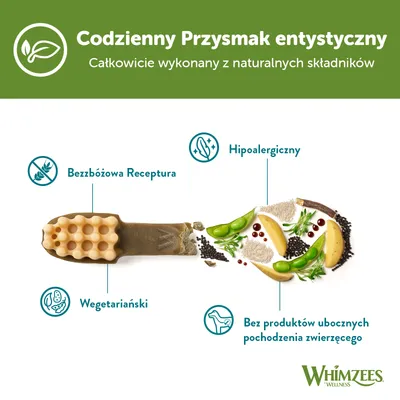 Codzienny Przysmak entystyczny Whimzees. Całkowicie wykonany z naturalnych składników, bez zbóż, wegetariański, hipoalergiczny, bez produktów ubocznych pochodzenia zwierzęcego.