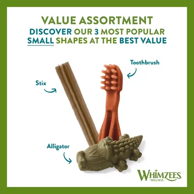 Value assortment showing three small shapes: stix, toothbrush, and alligator. Text highlights these as the most popular shapes at the best value. Whimzees Wellness branding shown.