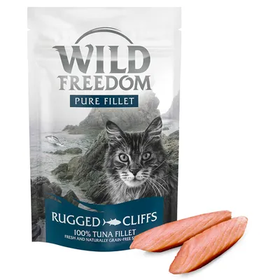 Pouch labelled 'Wild Freedom Pure Fillet Rugged Cliffs 100% Tuna Fillet, fresh and naturally grain-free snack' with two tuna fillet pieces shown beside the packaging.