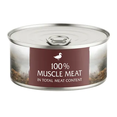 Кутия с надпис „100% Muscle Meat in Total Meat Content“ и символ на патица на кафяв фон.