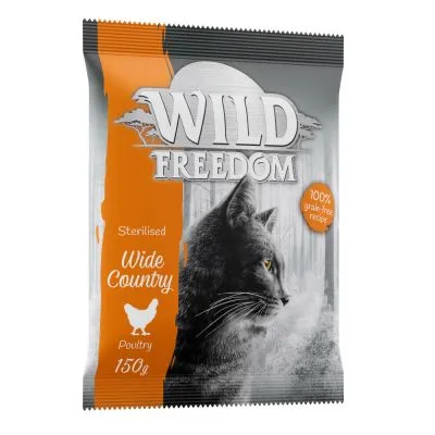 Confezione Wild Freedom Sterilised Wide Country Poultry 150 g, ricetta senza cereali 100%, immagine di gatto e pollo stilizzato. Testo visibile in inglese.