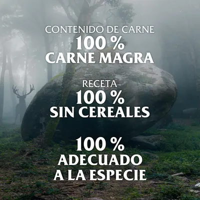 Contenido de carne 100 % carne magra. Receta 100 % sin cereales. 100 % adecuado a la especie.