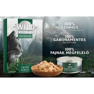 Wild Freedom Instinctive Dense Forest 6x70g macskaeledel, konzerv, tálban eledel. Szöveg: 100% színhús, 100% gabonamentes receptúra, 100% fajnak megfelelő.