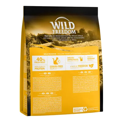Product packaging highlights 40% fresh meat, high-quality protein, grain-free recipe, species-appropriate, made in Germany, recyclable material, and a taste of freedom.