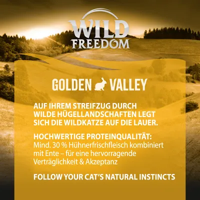 Wild Freedom Golden Valley. Vähintään 30 % tuoretta kananlihaa yhdistettynä ankkaan, erinomainen siedettävyys ja maittavuus.
