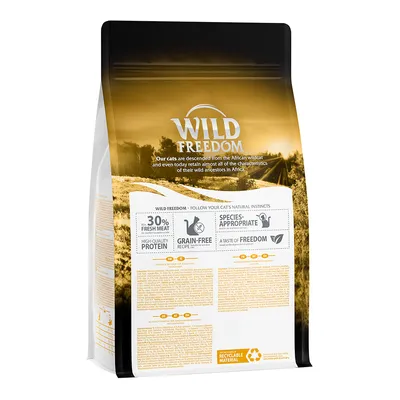 Ambalaj hrană pentru pisici Wild Freedom, text vizibil: 30 % fresh meat, high-quality protein, grain-free recipe, species-appropriate, recyclable material, a taste of freedom.