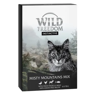 Wild Freedom Instinctive Misty Mountains Mix, with fresh muscle meat, 100% grain-free recipe, 6 x 70g. Animal icons shown: bird, chicken, deer, fish.
