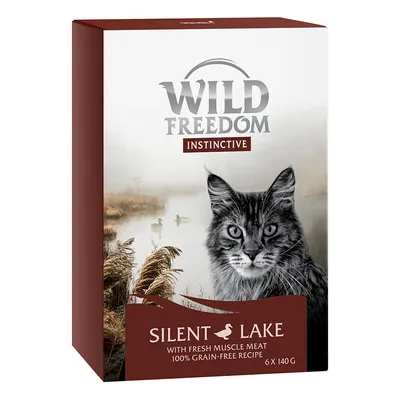 Wild Freedom Instinctive Silent Lake kattemad, with fresh muscle meat, 100% grain-free recipe, 6 x 140 g. Billede af kat og sø på emballagen.