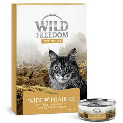 Wild Freedom Instinctive Wide Prairies kattenvoer, 6 x 70 g. Met tekst: with fresh muscle meat, 100% grain-free recipe. Afbeelding van kat op verpakking en blikje.