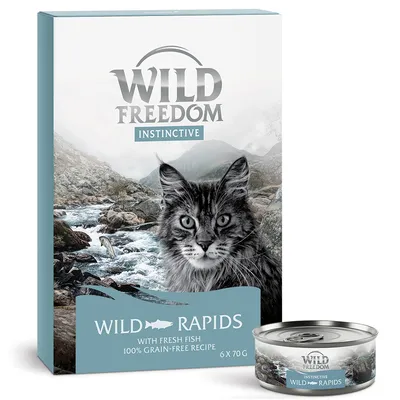 Wild Freedom Instinctive Wild Rapids kattenvoer, verpakking met afbeelding van kat en rivier, tekst: with fresh fish, 100% grain-free recipe, 6 x 70 g. Blikje met zelfde ontwerp.