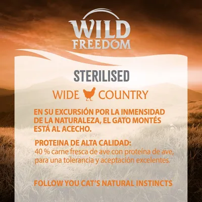 Wild Freedom Sterilised Wide Country. Proteína de alta calidad: 40 % carne fresca de ave con proteína de ave, para una tolerancia y aceptación excelentes.
