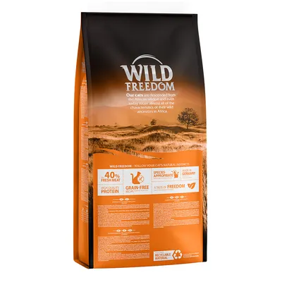 Opakowanie karmy Wild Freedom dla kotów. Widoczne teksty: 40% fresh meat, high quality protein, grain-free recipe, made in Germany, recyclable material, a taste of freedom.