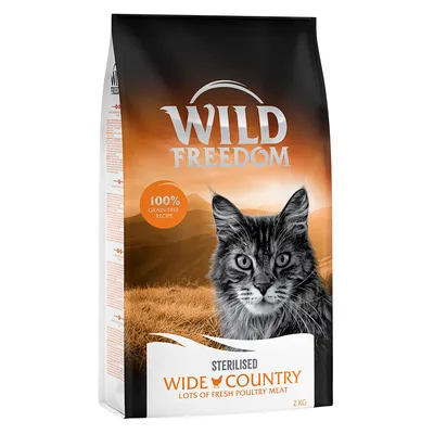 Wild Freedom Sterilised Wide Country kattenvoer, 100% graanvrije receptuur, vers gevogelte, 2 kg verpakking.